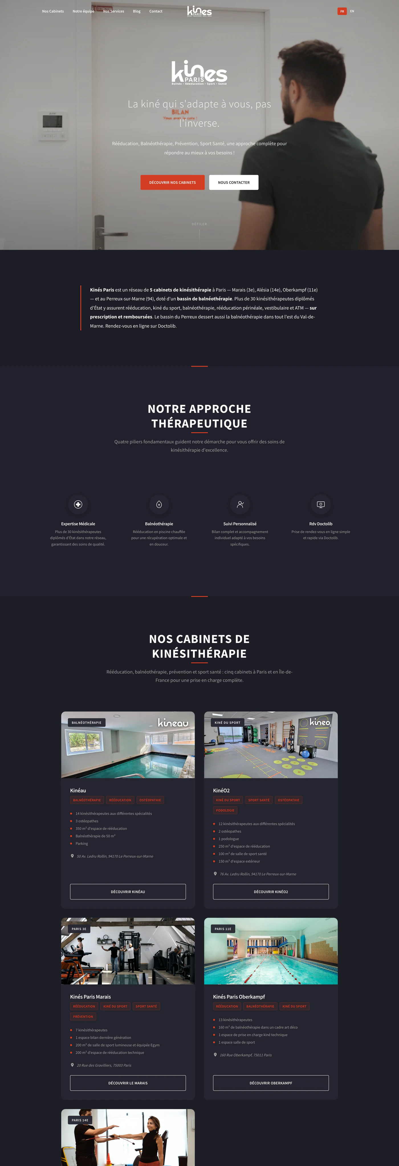 Le site Kinés Paris & Maison du Peps, page d'accueil